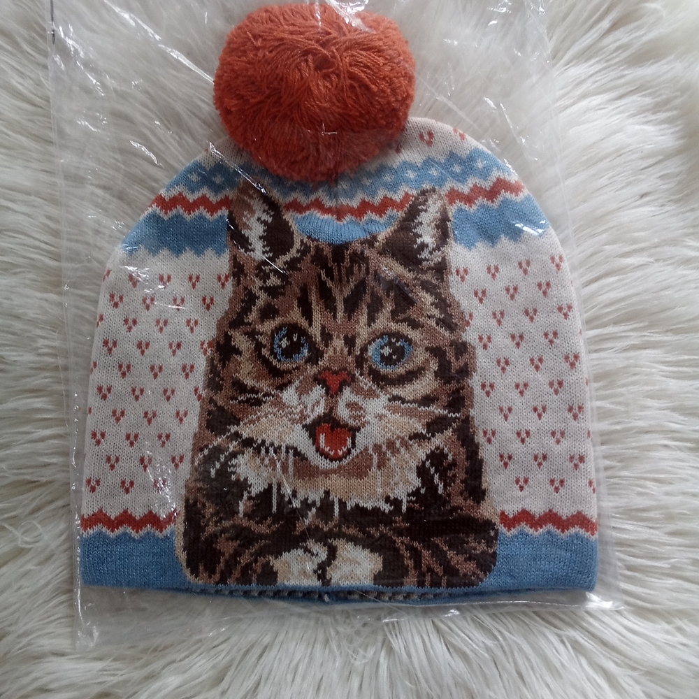 Official Lil Bub Knit Beanie with Pom-Pom - Orange and Blue